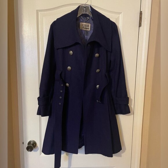 Guess Wool Blend Blue Coat Double Breasted Belted Size M Ornate Buttons Retro - Picture 4 of 12